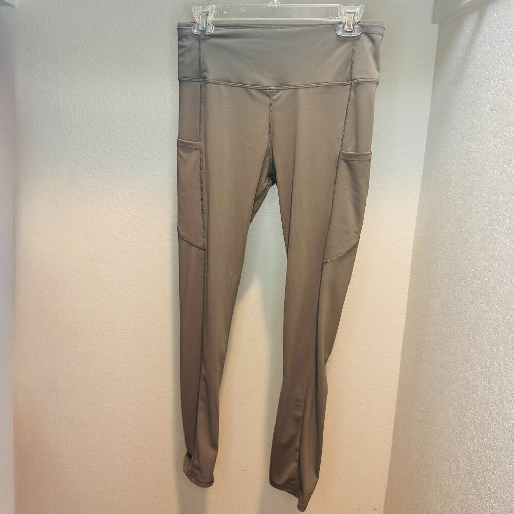 Womens Sport Pants Olive Green Side Pocket High Waist Athletic Leggings Size 10